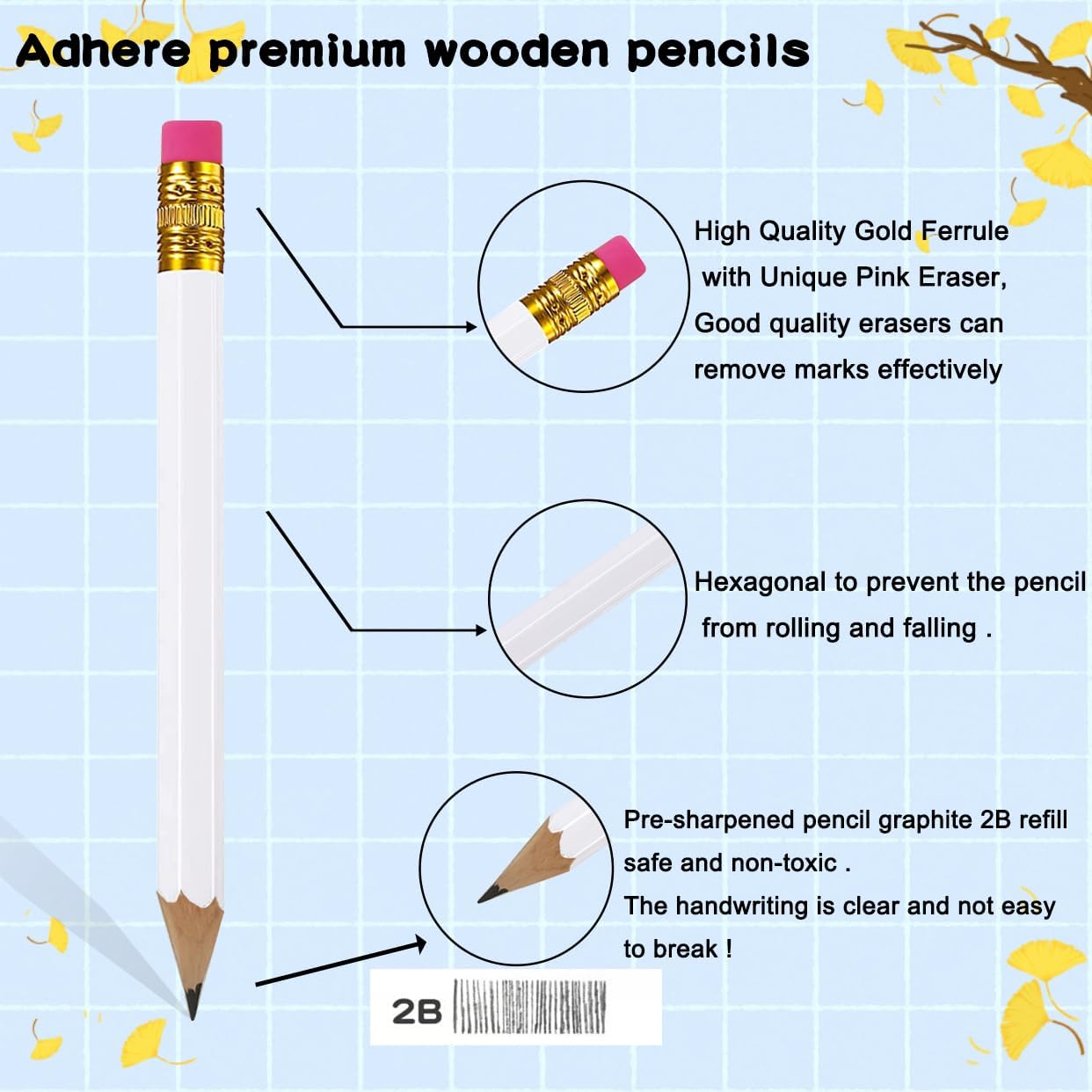 Adhere 50pcs Golf Pencils with eraser Hexagon Wooden Pencils Graphite 2B for Golf Event Scoring,Classroom,Wedding,Company Meetings,Pew, Pocket (z-White・Hexagon・50pcs)