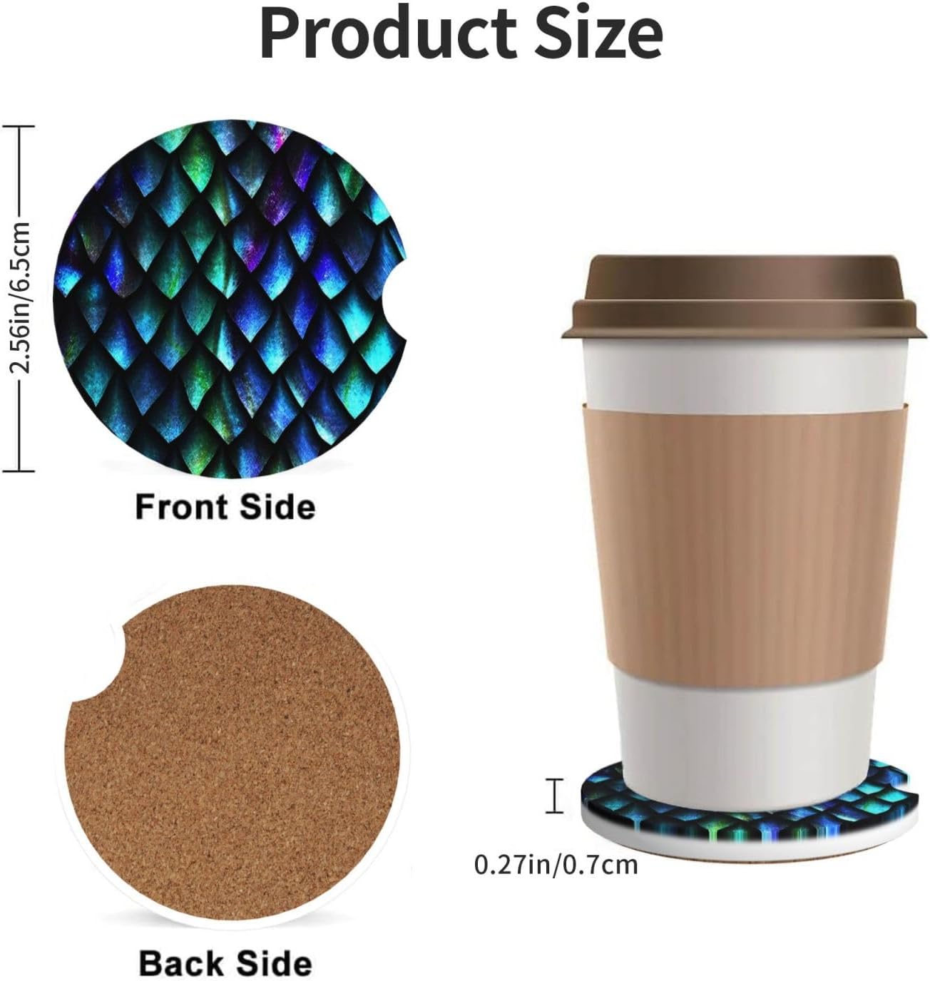 Car Cup Holder Coasters, Dragon Scales Car Coasters for Cup Holder Drinks, 2 Pack Ceramic Cute Auto Interior Accessories for Women Men