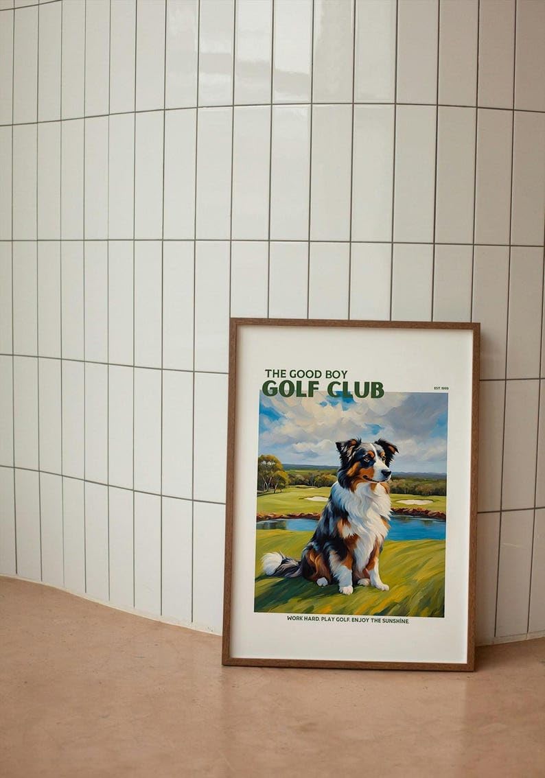 Golf Wall Art Print, Good Boy Golf Club Poster with Australian Shepherd, Colorful Impasto Painting, Trendy Sports Decor, Aussie Dog Artwork, Great Gift for Golf Enthusiasts (Unframed) (24x36)