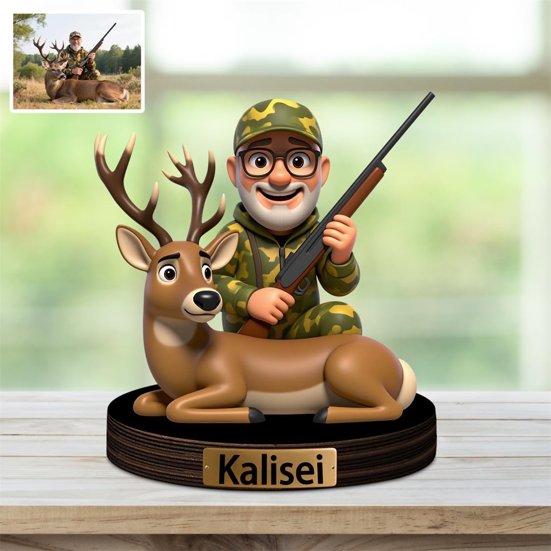 Personalized Hunter Cartoon Desktop Decor Custom 2D Deer Elk Portrait Figurine Plaque with Name Hunting Deer Acrylic Sculpture Desk Sign Ornament for Men Women Family Couple Christmas Birthday