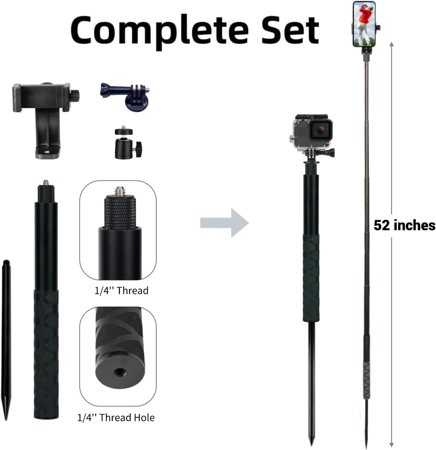 Golf Monopod Selfie Stick with Ground Spike Stake, Golf Swing Analyzer Phone Holder for Training Aid, 52" Adjustable Golf Selfie Stick Phone Stand for Recording Swings