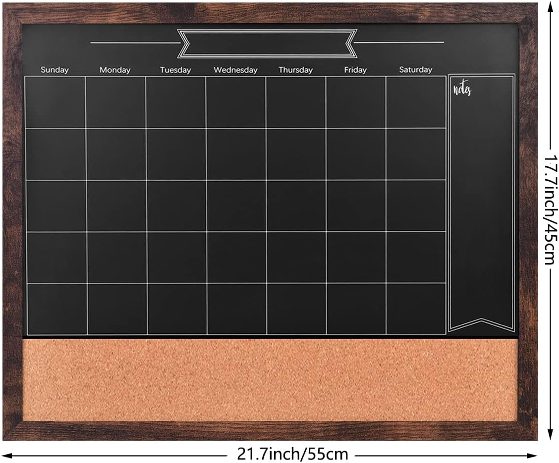 TORASO Magnetic Chalkboard Calendar Corkboard, 18" x 22" Combination Chalk Board Bulletin Board, Walnut Brown Framed Blackboard Calendar Cork Combo Board(ZHHB-BN-4555)