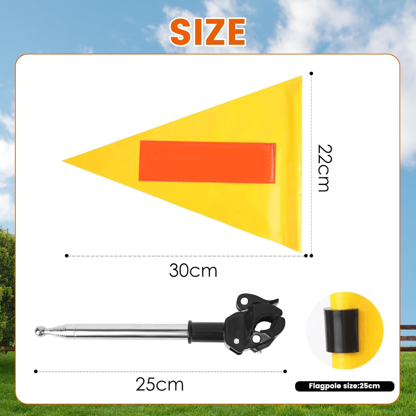 Golf Cart Flag Pole Reflective Safety Flag 22X30cm Yellow Triangular Flag with 25cm Pole and 8mm Buckle
