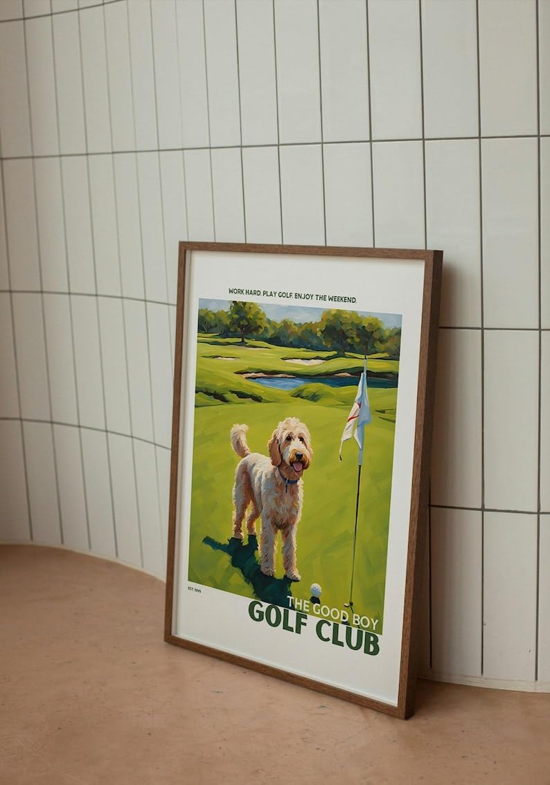 Nationcog Golf Wall Art Print, Good Boy Golf Club Poster with Golden Doodle, Colorful Impasto Artwork, Trendy Sports Decor, Great Golf Gift for Dog Lovers and Enthusiasts (Unframed) (12x18)