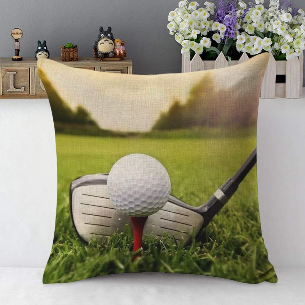 Mugod Play Golf Throw Pillow Golfball Golf Club on Grassland Red White Black Green Cotton Linen Square Cushion Cover Standard Pillowcase 18x18 Inch for Home Decorative Bedroom/Living Room/Car