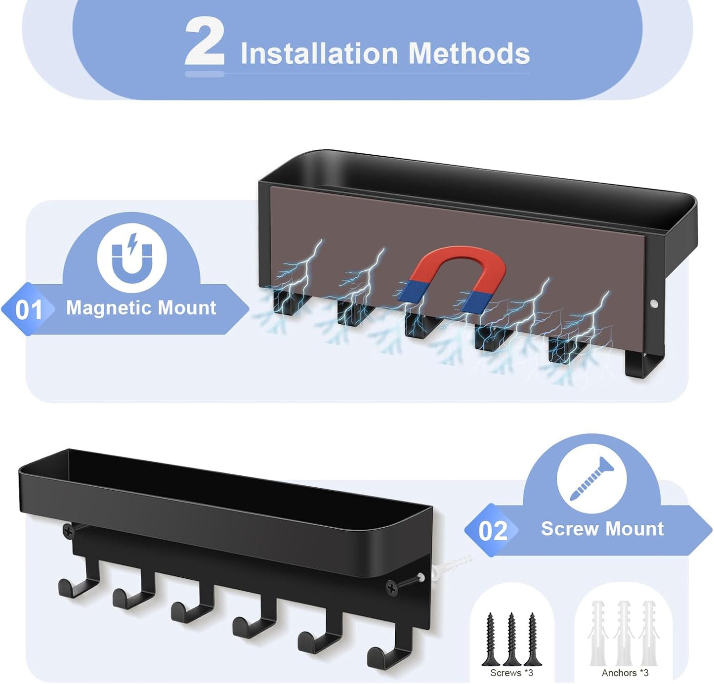RELBRO Magnetic Key Holder for Fridge, Metal Wall Mount Key Rack with Shelf, 6 Hooks, 2 Installation Options, Black