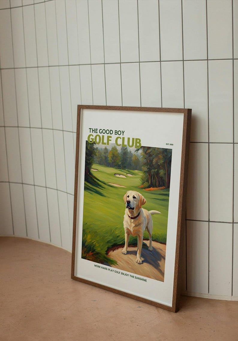 Nationcog Good Boy Golf Club Poster, Yellow Labrador Retriever Dog on Golf Course Wall Art, Funny Retro Golf Print, Funny Golf Poster, Ideal for Bar, Lounge, or Game Room (Unframed) (12x18)