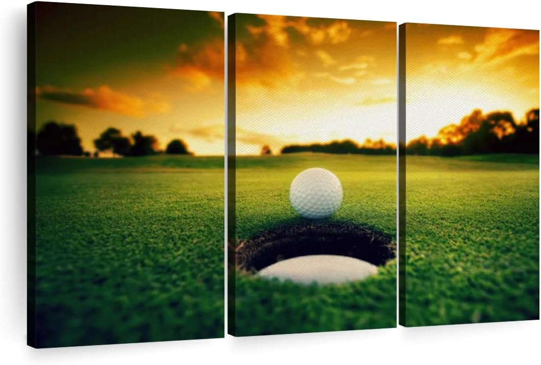 ElephantStock Golf Ball Wall Art - Horizontal Canvas - 3-Piece Living Room Wall Decor - Photography Sports Canvas Print - Orange and Yellow Decor for Wall - 33" X 20"