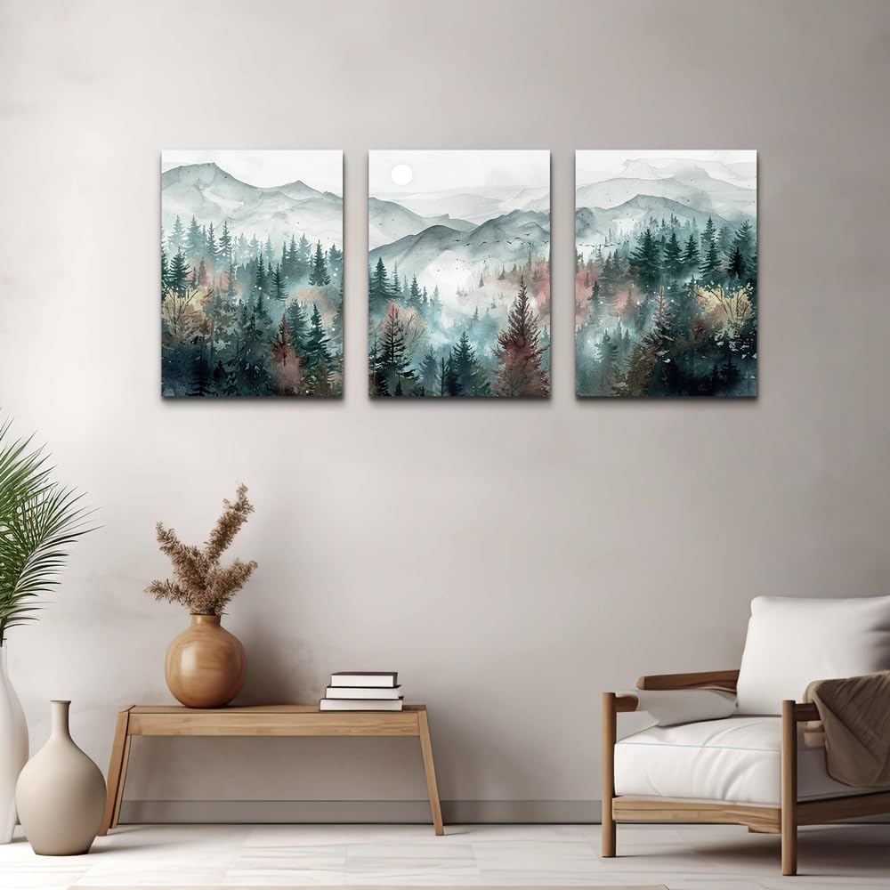 TTHYUEWS Wall Art For Living Room Farmhouse Decor For Bedroom Office Fog Forest Mountain Landscape Watercolour Paintings Artwork Ready To Hang Home Decorations 3 Piece