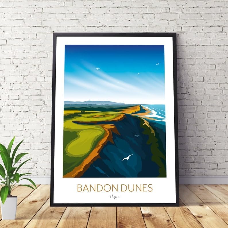 Nationcog Bandon Dunes Golf Print – Oregon; Bandon Dunes Golf Poster; Bandon Dunes Oregon Art; Coastal Golf Course Print; Golf Course Cliffside Illustration (Unframed) (20x30)