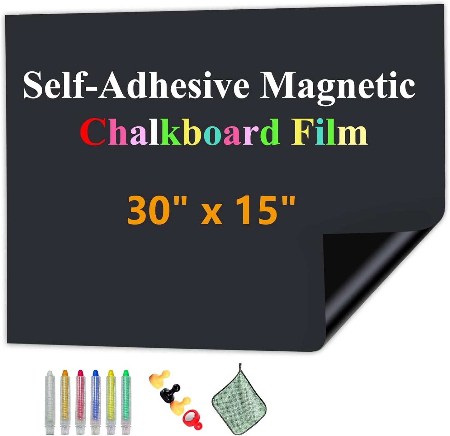 Magnetic Chalkboard Contact Paper with Adhesive, 30" x 15" Magnetic Blackboard Film for Walls, Peel and Stick – Ideal for Office, Classroom, Home. Includes Dustless Chalk, Wiping Cloth, and Magnet
