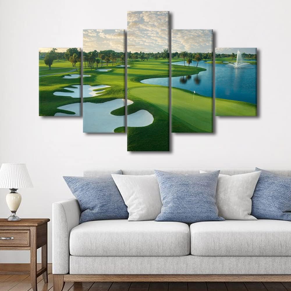 Pictures Wall Decor Golf Course Artwork Blue Lake and Green Grass Paintings for Living Room Giclee Multi Panel Prints Wall Art on Canvas House Decorations Framed Stretched Ready to Hang - 60"W x 40"H