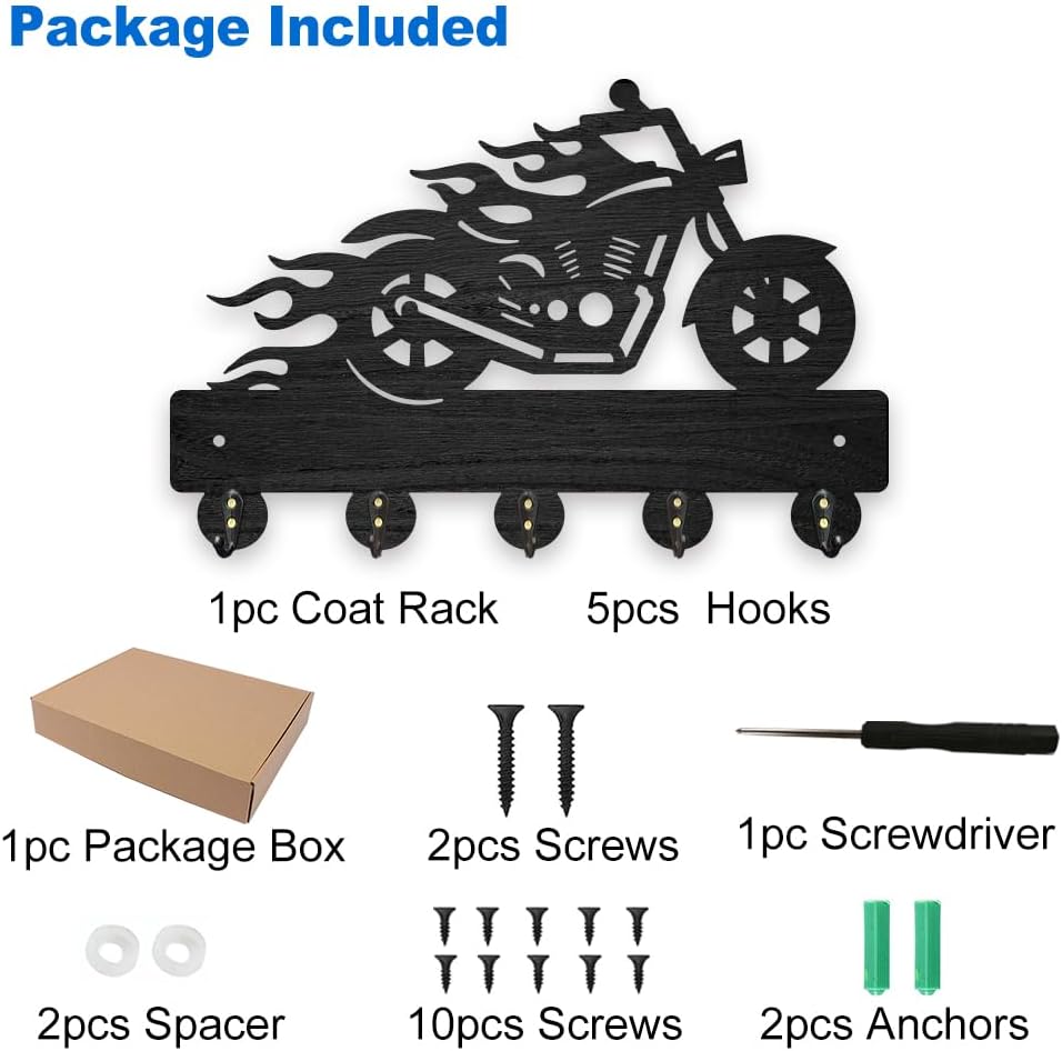 MAYJOYDIY Wood Motorcycle Flame Coat Hooks Motorbike Fire Key Holder for Wall 11.8×7.9inch Black Key Hooks Rack 5 Alloy Hooks Home Decor Gifts Entryway Kitchen Bathroom Storage Organizer