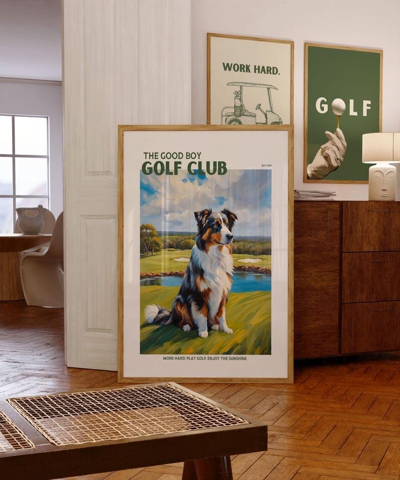 Golf Wall Art Print, Good Boy Golf Club Poster with Australian Shepherd, Colorful Impasto Painting, Trendy Sports Decor, Aussie Dog Artwork, Great Gift for Golf Enthusiasts (Unframed) (9x11)
