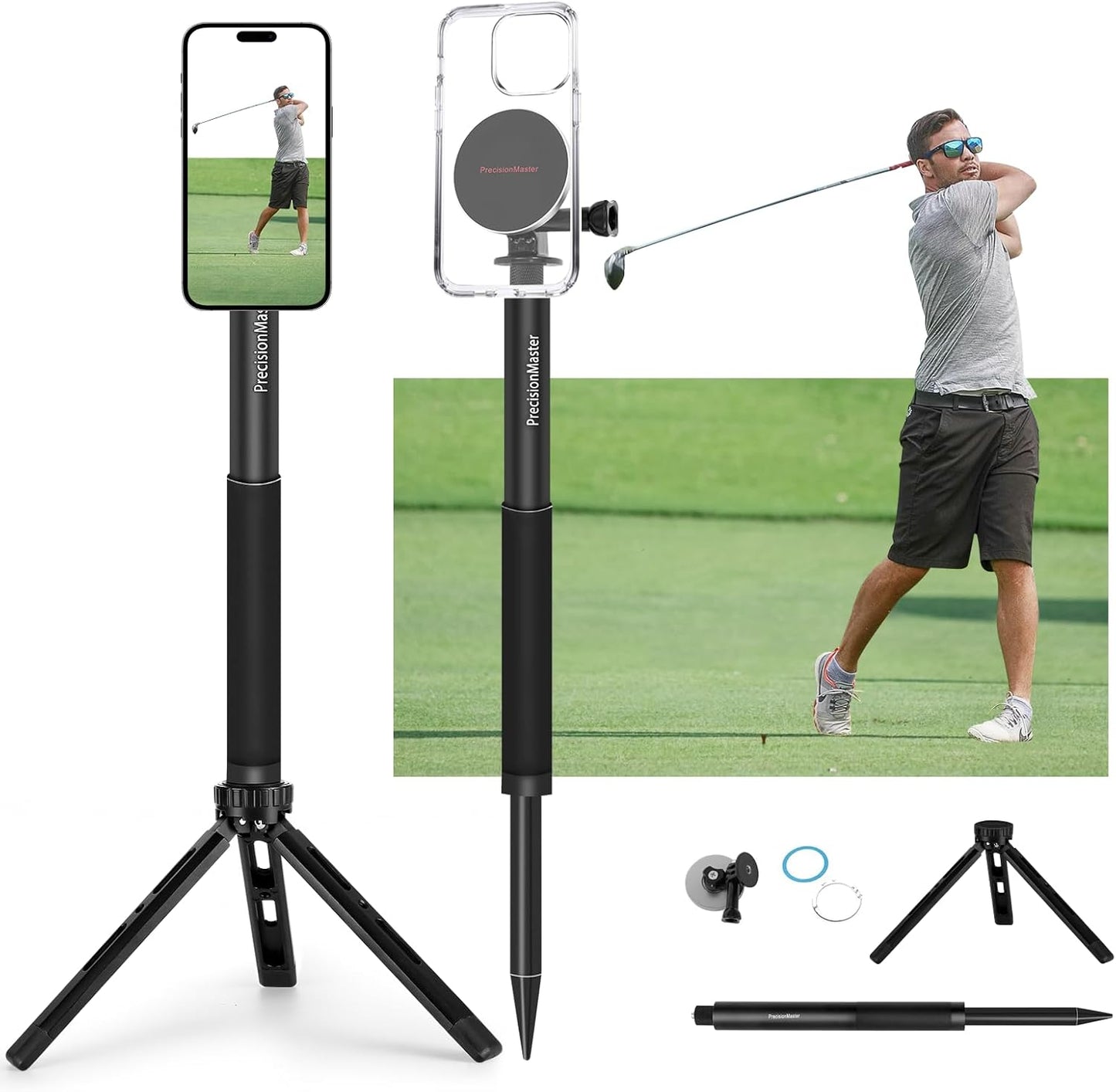 PrecisionMaster Golf Tripod & Monopod, Magnetic Film Stick 52" Adjustable Aluminum, Swing Training Aid Compatible With MagSafe iPhone Android Phones (8 Magnet)