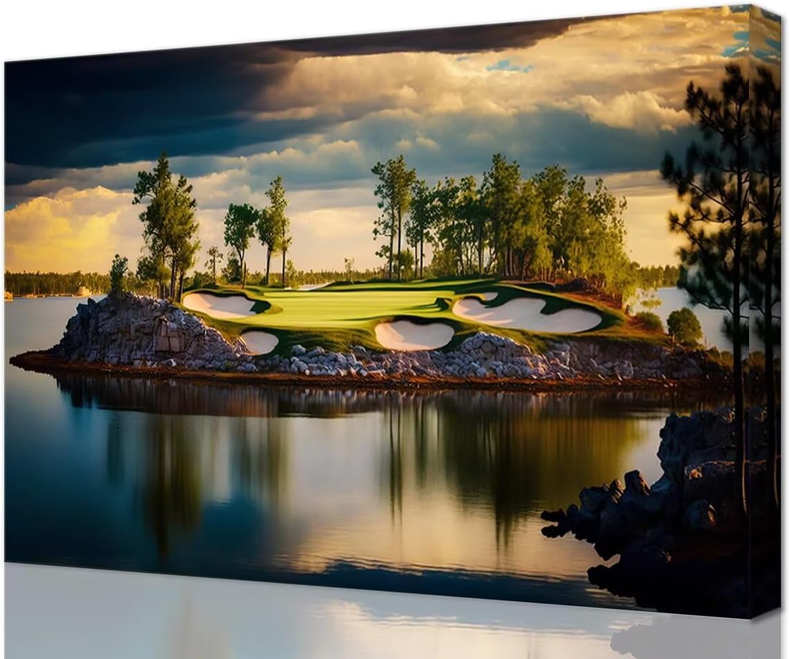 chenchenArt Sunset Landscape Golf Course Wall Art Picture Golf Course Wall Decor for Living Room Bedroom Bathroom Home Decorations Canvas Prints Framed Ready to Hang(18''H x 24''W)