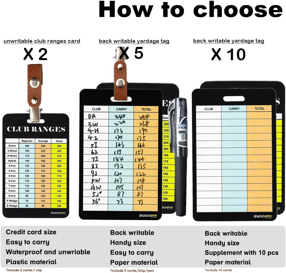 Golf Club Distance Range Cards with Holder, Back Writable Yardage Matrix Chart for Beginner to Advanced Players