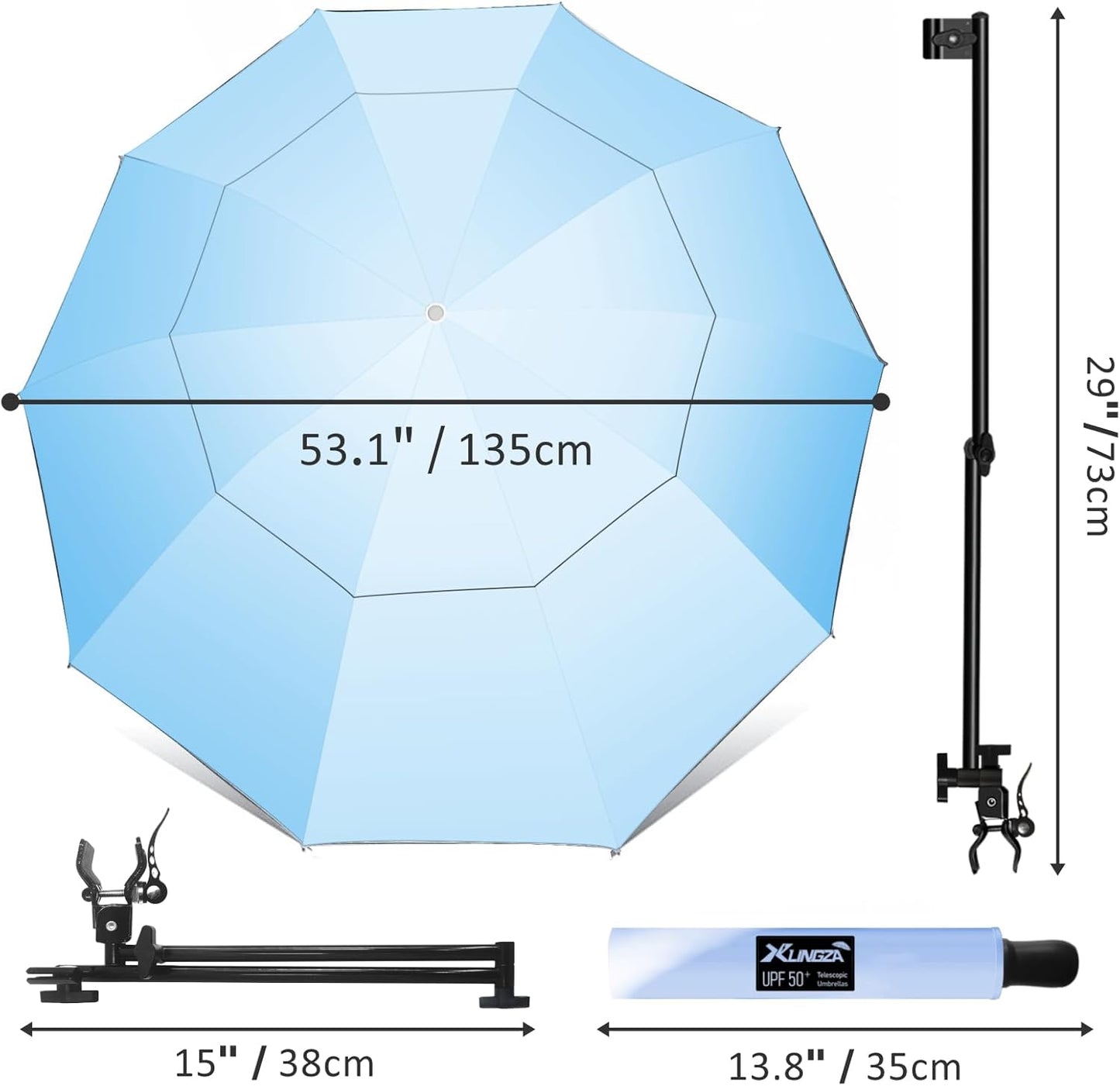 UPF 50+ Beach Umbrella with Adjustable Universal Clamp