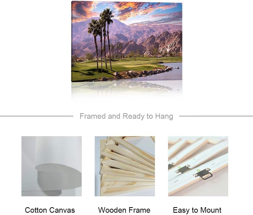 HJY Art USA California Golf Course Wall Art Golf Course Canvas Wall Decor Sunset Landscape Painting Poster for Home Decor Living Room Bedroom Office Club Gym Framed Artwork (28 x 44 inch)