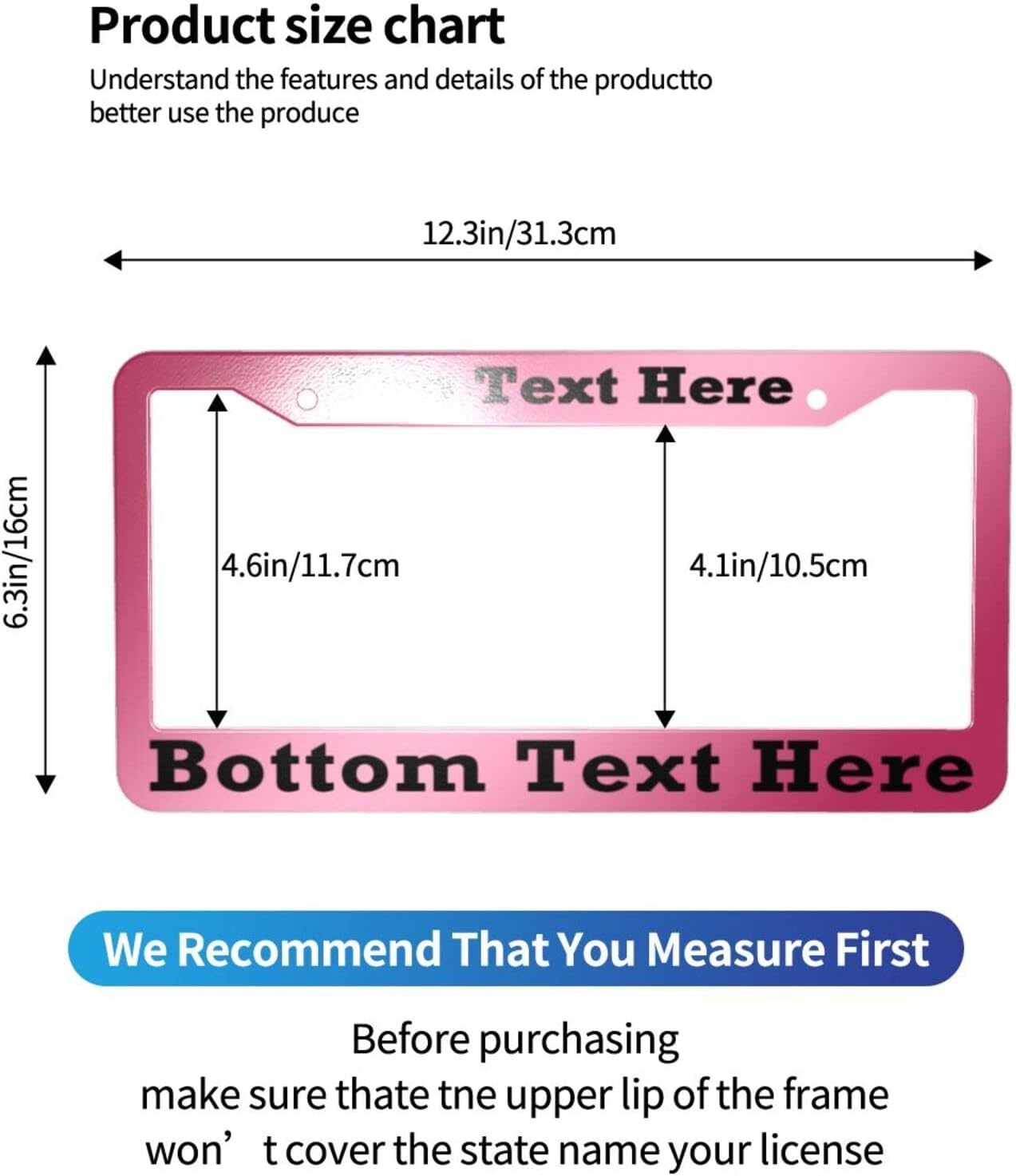 2 Packs Custom License Plate Frame Personalized Car Tag Frame with Screw Caps,2 Holes,12"x6",Style 2
