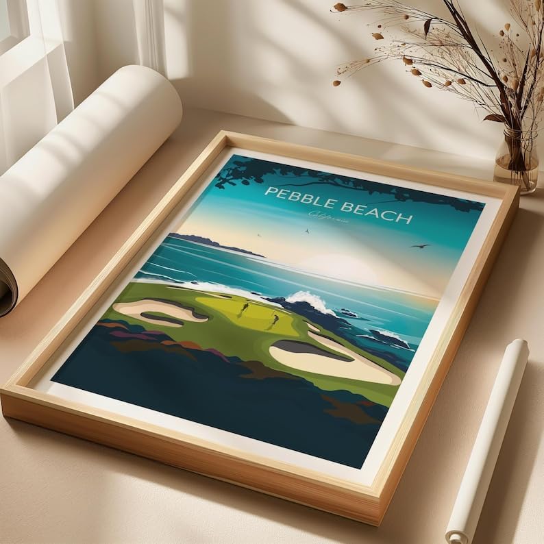 Nationcog Pebble Beach, California Golf Print - US Open Golf Travel Poster, Pebble Beach Golf Poster, California Golf Course Art, Scenic Ocean Golf Print, Luxury Golf Resort Decor (Unframed) (9x11)