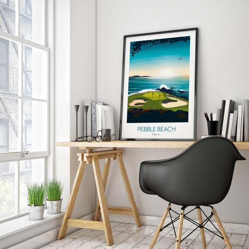 Golf Print - Pebble Beach California - US Open Golf Gift, Pebble Beach Golf Course Poster, California Golf Print, Coastal Golf Art, Golf Landscape Illustration, Sports Wall Decor. (Unframed) (27x40)