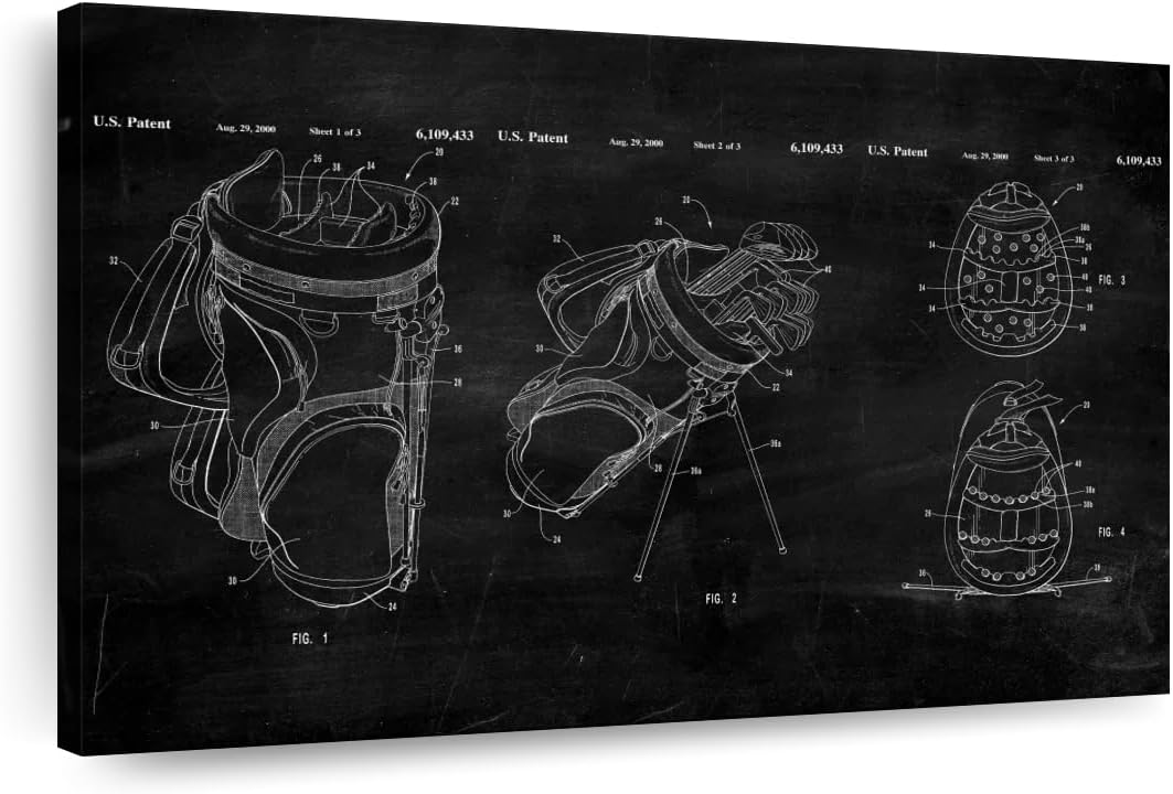ElephantStock Ridged Golf Bag Dividers BW Patent Canvas - 1 Panel Sports Patent Wall Art Decor - Sports Decorations for Boys Room - Wall Art and Office Decor - 45" X 30"