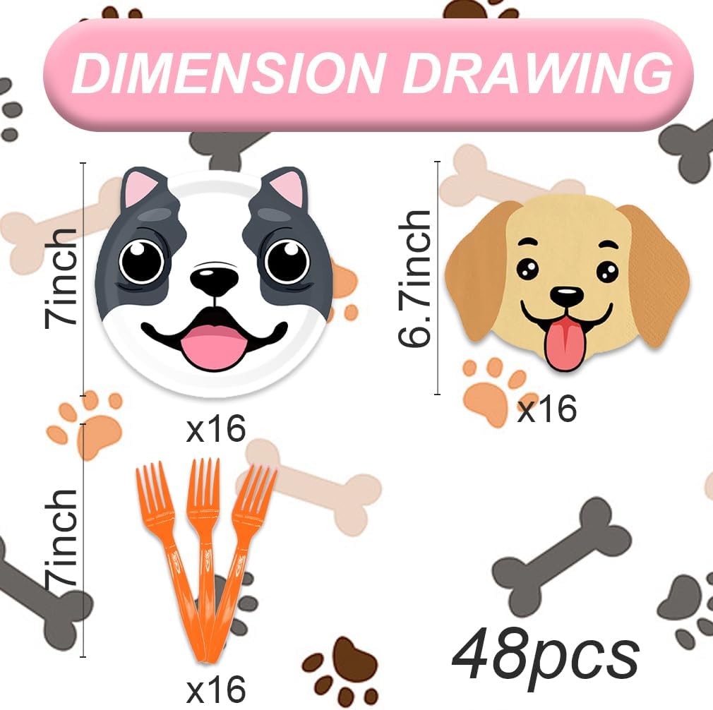 48Pcs Dog Birthday Decorations Disposable Paper Plates and Napkins Forks Set for Pet Puppy Baby Shower Party Supplies Dog Party Decorations Serves 16