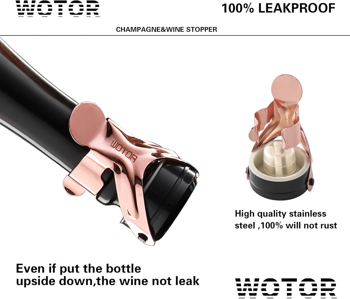WOTOR Champagne&Wine Bottle Stoppers Stainless Steel with Food Grade Silicone, Leak Proof Keep Fresh Reusable Saver, Cork Suitable for Wine, Champagne, Cava, Prosecco and Sparkling (2 Pack Rosegold）