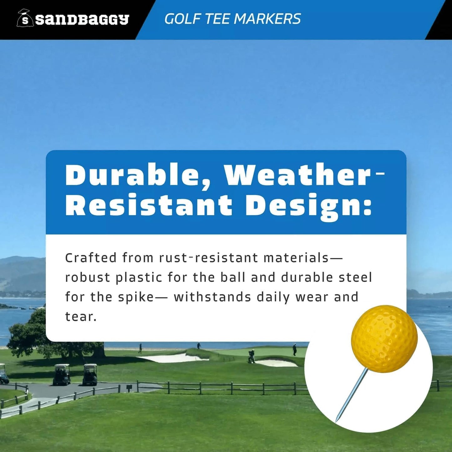 Sandbaggy Plastic Tee Markers for Golf Course (UV Resistant) - Steel Spike - Safety Caps Included