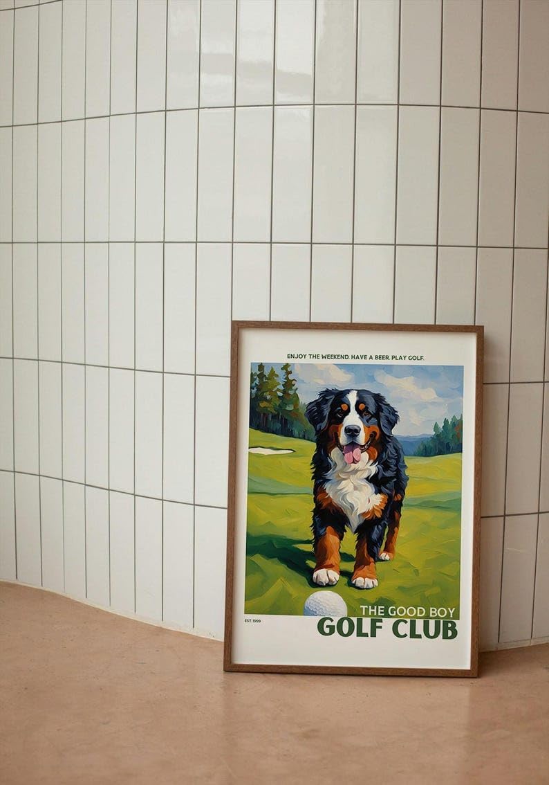 Golf Wall Art Print, Bernese Mountain Dog on Golf Course, Colorful Impasto Painting, Trendy Sports Poster, Unique Golf Course Poster for Collectors and Sports Fans, Home Decor (Unframed) (16x24)