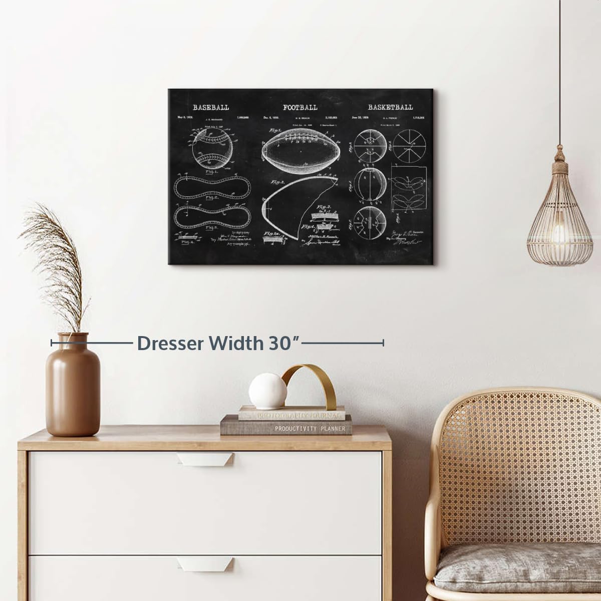 ElephantStock Sports Balls Compilation BW Patent Canvas - 1 Panel Patent Wall Art Decor - Sports Decorations for Boys Room - Wall Art and Office Decor - 24" X 16"