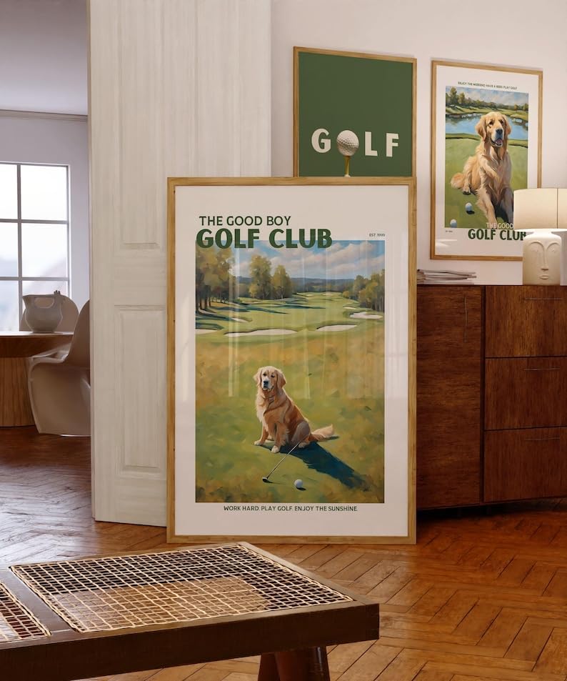 Nationcog Good Boy Golf Club Poster, Golden Retriever Dog on Golf Course Wall Art, Funny Retro Golf Print, Retro Golf Artwork for Dog Lovers, Husband, or Golf Friends (Unframed) (16x24)