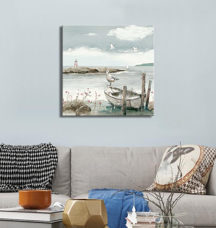 dgbtcart Coastal Bathroom Decor Vintage Ocean Theme Wall Art Sea Birds Seagull on the Boat Canvas Print Seascape Beach Pictures Artwork Hanging for Dining Office Living Room Bedroom 20"x20"inch