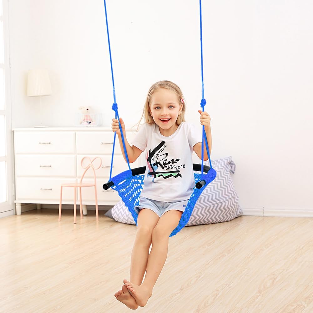 Hand-Knitting Toddler Swing, Swing Seat for Kids with Adjustable Ropes, Little tikes Swings Set, for Outdoor Indoor, Playground, Backyard (Blue)