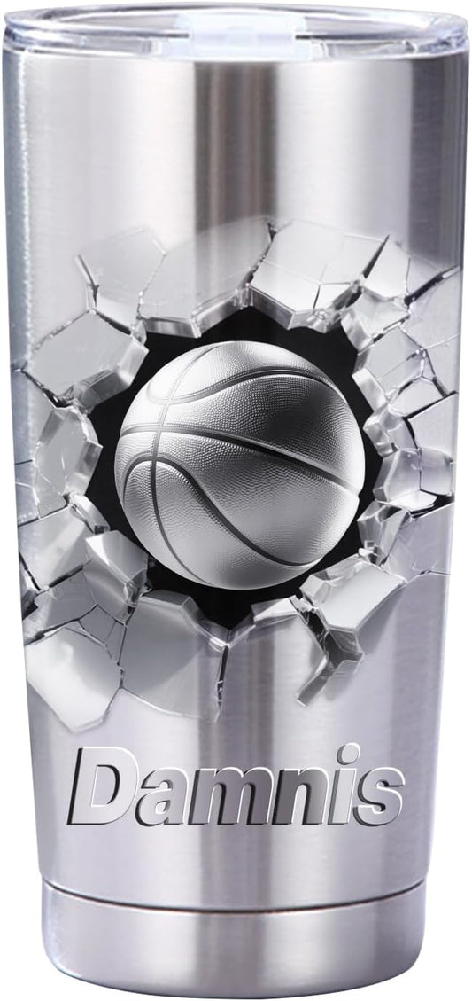 Personalized basketball Ball With 3D Cracked Wall Stainless Steel Silver Tumbler Mug, Custom Name Sport basketball Lovers Player Tumbler Mug,Customized Father's Day Birthday Sport Gift For Dad Men