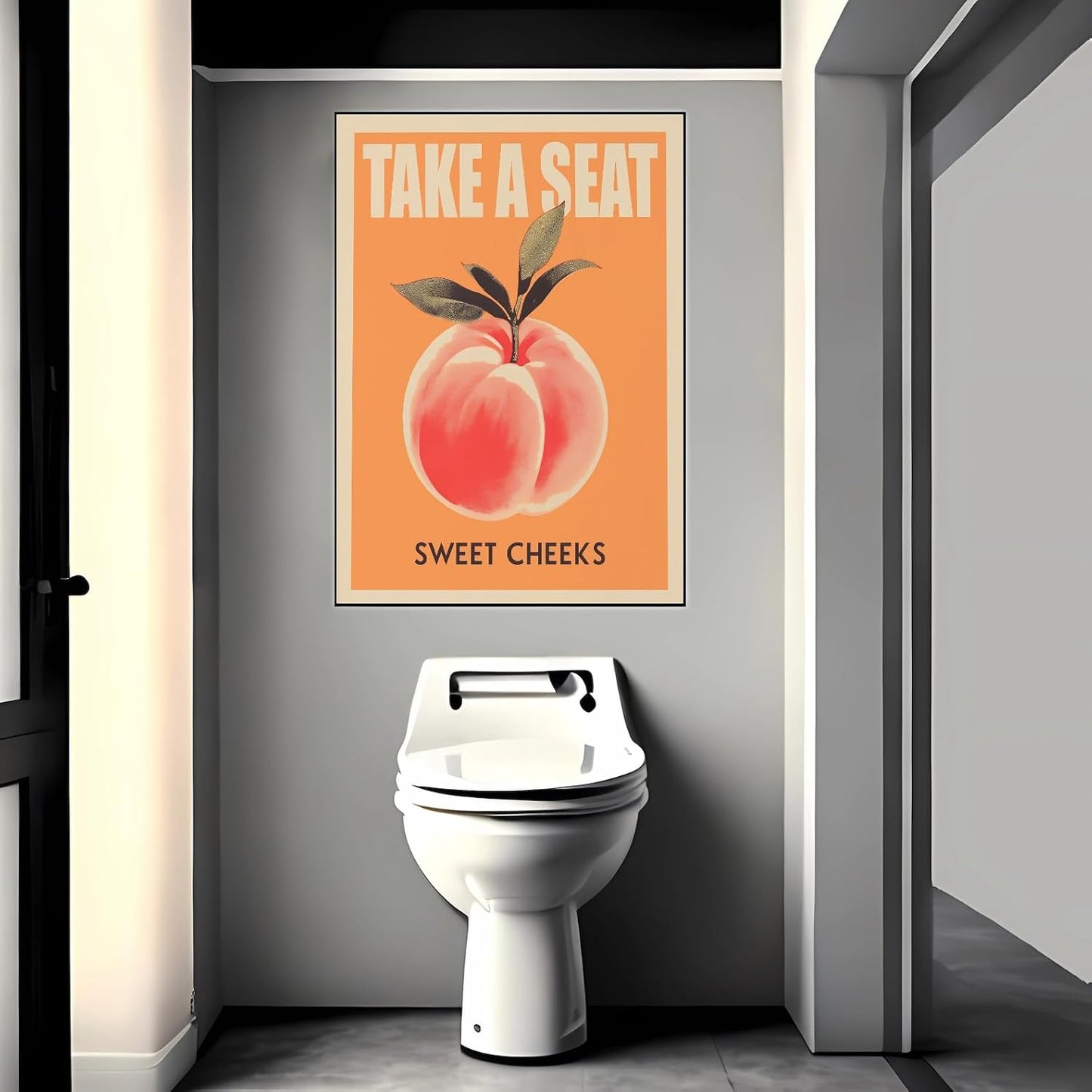 Take a Seat Sweet Cheeks Poster, Funny Bathroom Wall Art Peach Bum Art Canvas Print, Minimalist Preppy Orange Pink Wall Decor for Dorm Toilet 16x24in Framed
