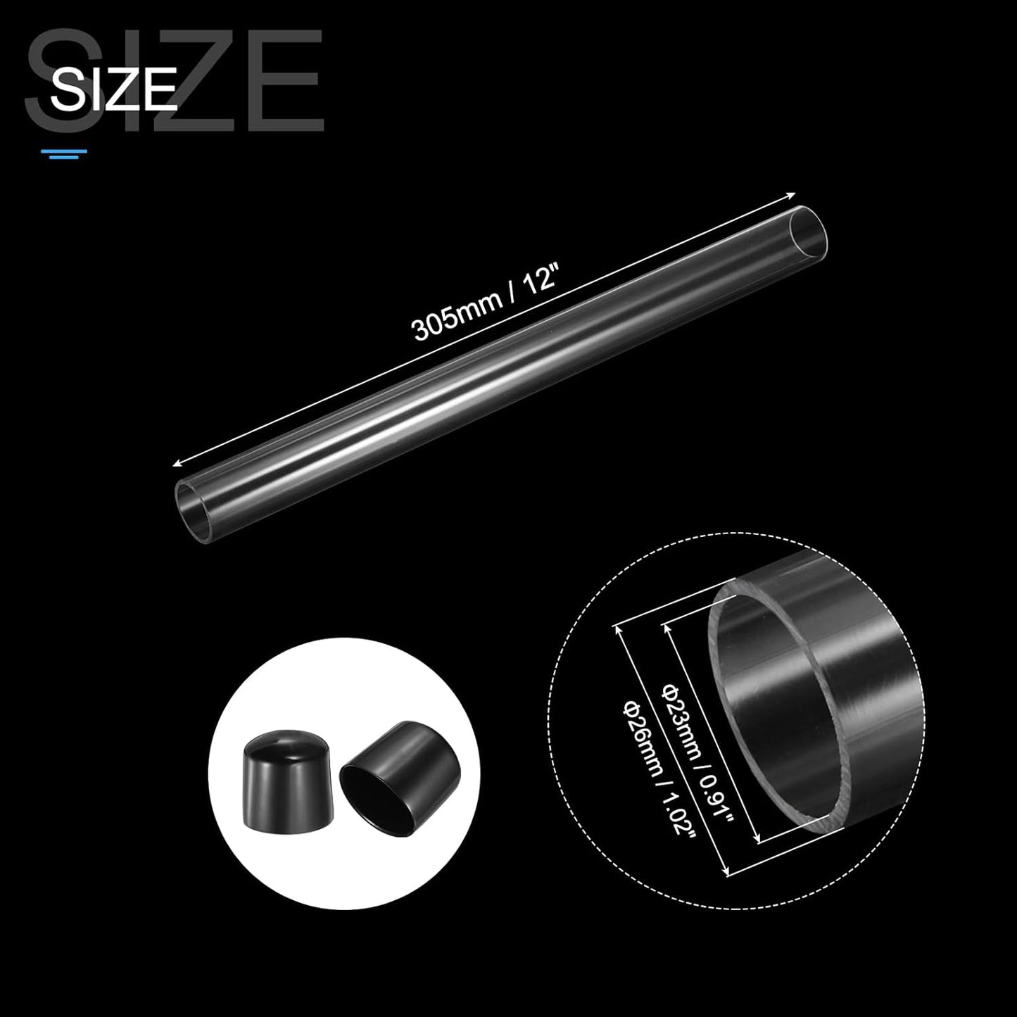 PATIKIL Clear Rigid Tube Round Plastic Tubing with Black Rubber Caps Polycarbonate Water Pipe, 305mm/ 12 Inch Length, 23mmx26mm/0.91"x1.02", 2 Set