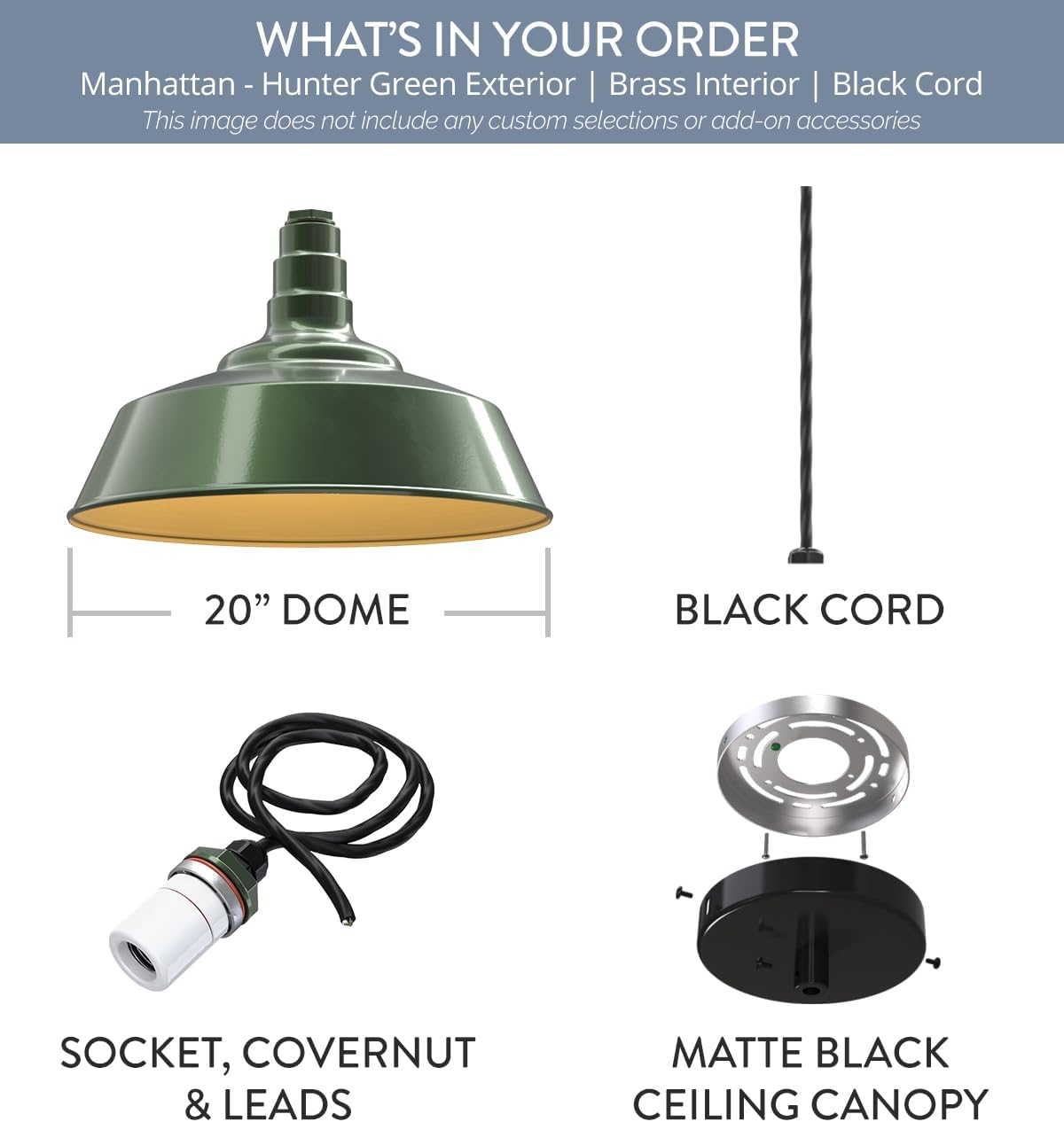 Steel Lighting Co. Manhattan Warehouse Light | Ceiling Mounted Pendant | 20 inch Dome | 4' Black Cord | Large Steel Barn Light Made in America | Hunter Green Exterior/Brass Interior