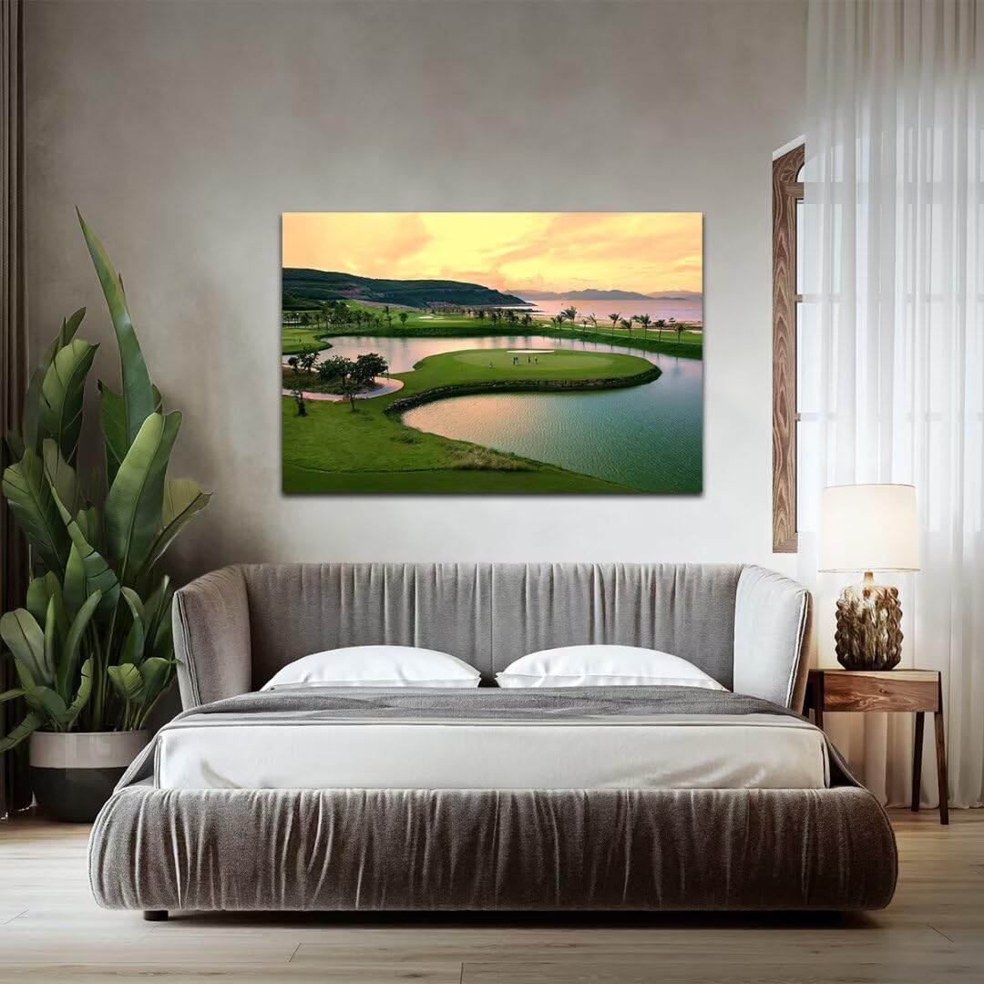 HJY Art USA Golf Course Wall Art for Gym Pebble Beach Golf Course Wall Decor Yellow Green Abstract Painting Poster for Home Decor Living Room Bedroom Bathroom Office Artwork (28 x 44 inch)