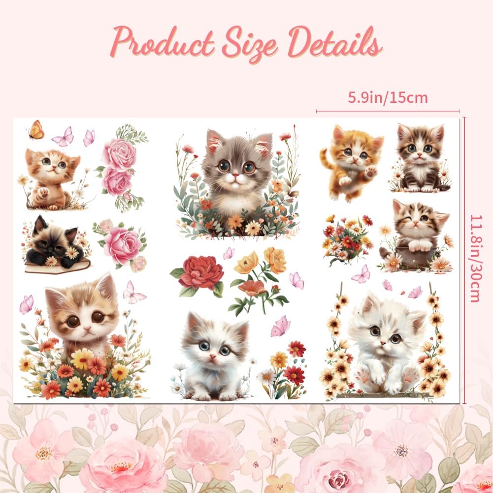 Peacoblue Rub on Transfer Decals for Furniture Crafts 6"x12", 3Pcs Cat and Flower Waterproof UV DTF Transfer Decals Sticker for Dresser Lingerie Chests Drawer Glass Porcelain Wood