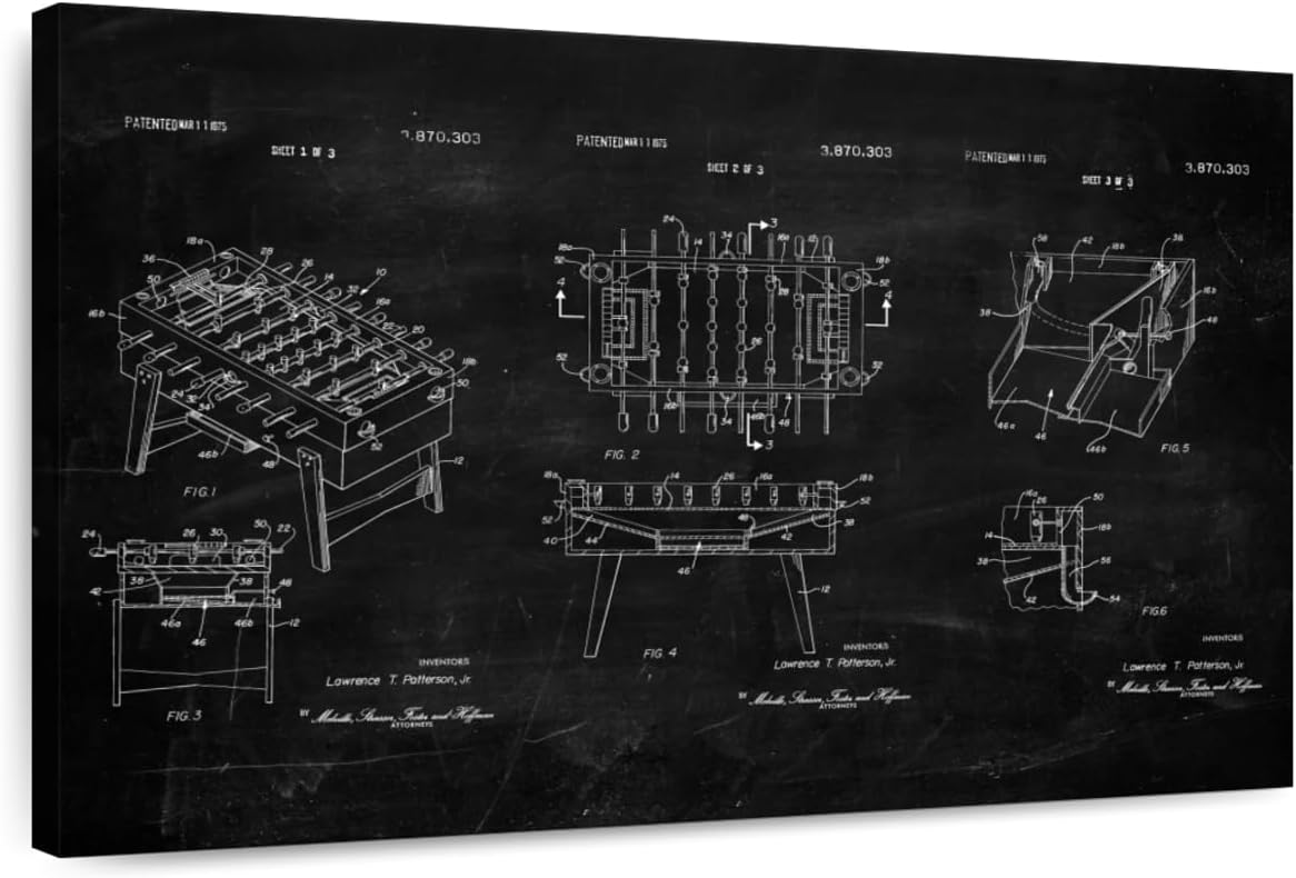 ElephantStock Soccer Table BW Patent Wall Art - Horizontal Wrapped Canvas - 1-Piece Living Room Wall Decor - Soccer Digital Art Canvas Print - Black and White Decor - 36" X 24"