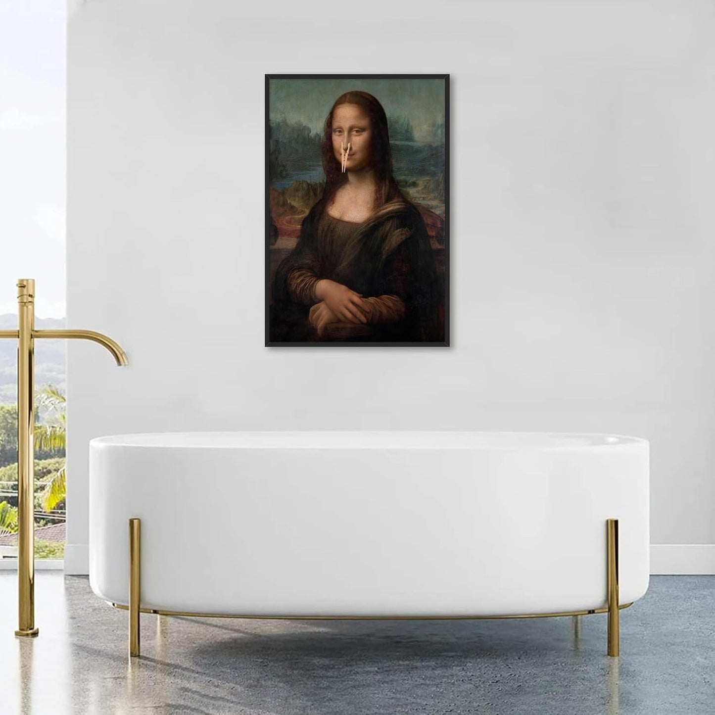 Funny Bathroom Wall Art Classical Oil Painting Mona Lisa Poster Amusing Pinching Nose Canvas Prints Vintage Humor Wall Decor for Restroom Toilet 20x30in Framed