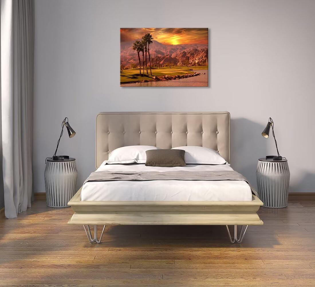 USA California Golf Course Wall Art for Living Room Bedroom Bathroom Home Decorations Golf Course at Sunset Springs Landscap Painting Canvas Prints Modern Artwork Framed Ready to Hang(12''H x 16''W)