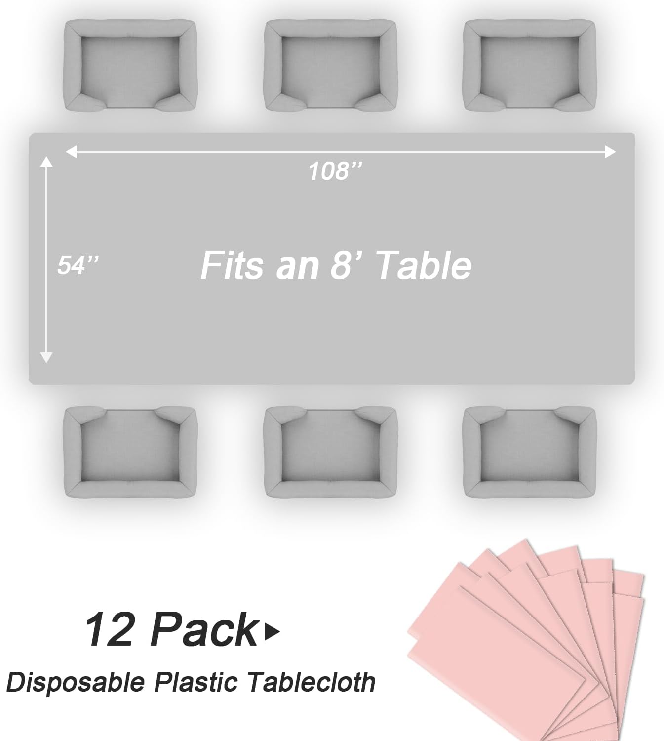 QIKSION Plastic Table Cloth Disposable 12 Pack, 54 x 108 Inch Tablecloths for Rectangle Tables, Blush Pink Plastic Table Cover