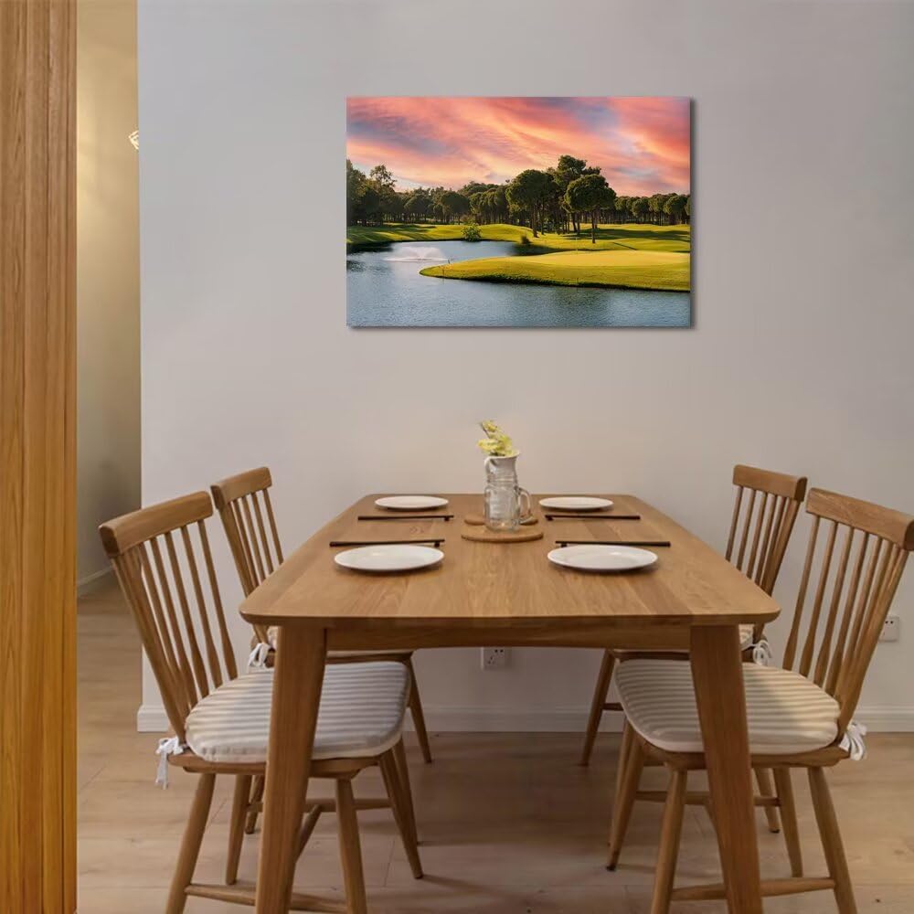 Sunset Golf Course Wall Art for Living Room Bedroom Bathroom Home Decorations Golf Course Picture Poster Print on Canvas Modern Artwork Framed Ready to Hang(24''H x 36''W)