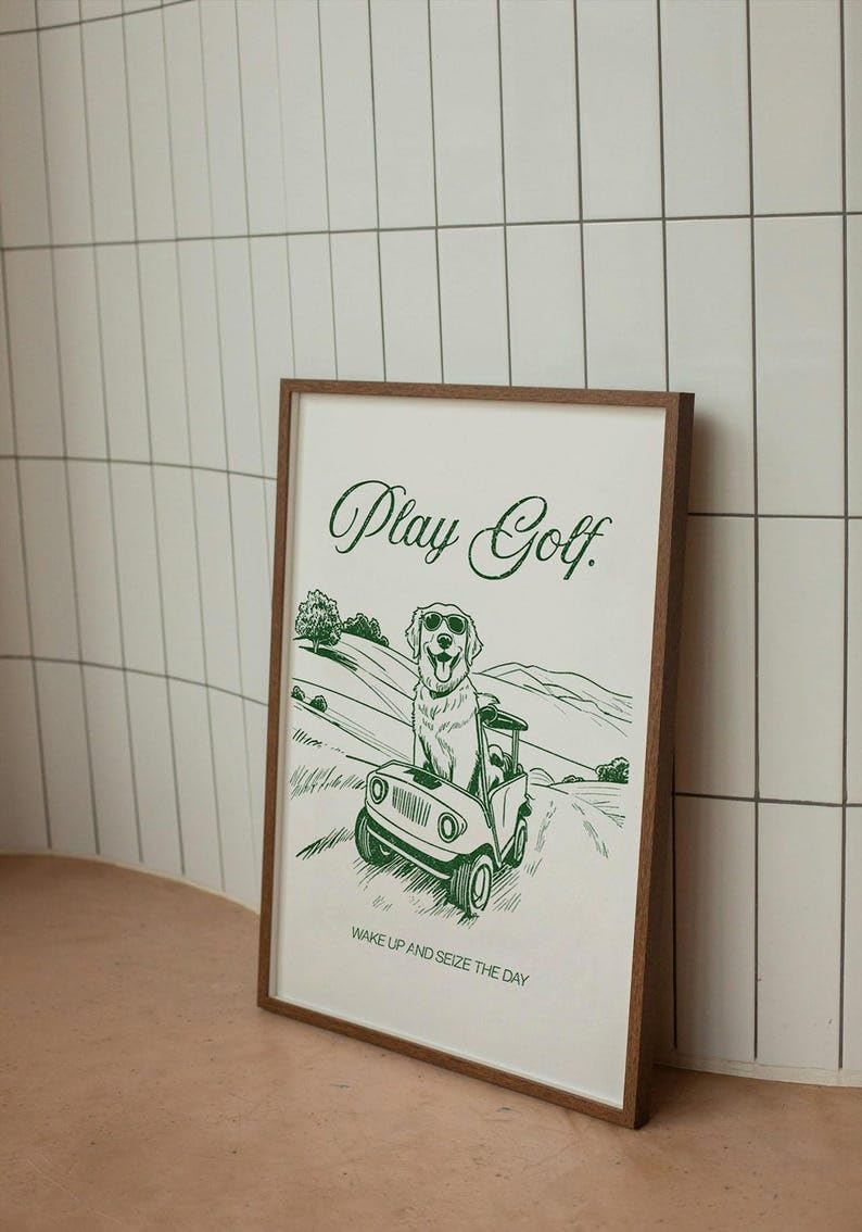 Golf Wall Art Print, Play Golf Poster with Golden Retriever in Cart, Retro Sketch Artwork, Trendy Sports Decor, Inspirational Golf Quote Print, for Dog Lovers (Unframed) (16x24)