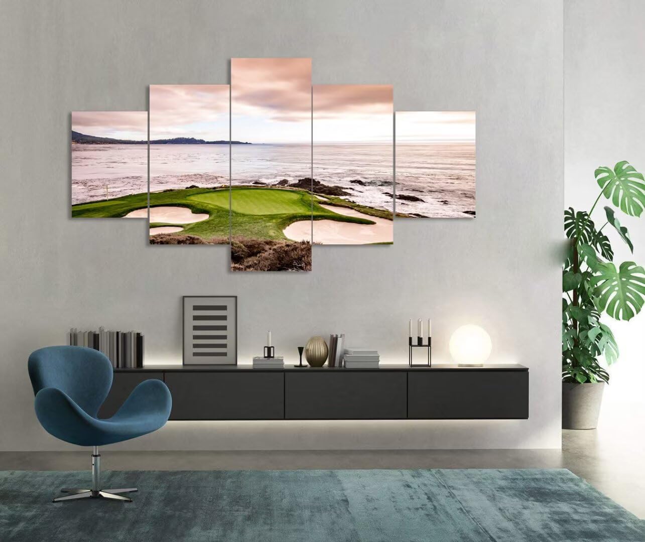 California Coastline Golf Course Wall Art Pictures USA California Golf Course Wall Decor for Living Room Bedroom Bathroom Home Decorations Canvas Prints Framed Ready to Hang(60''W x 32''H)