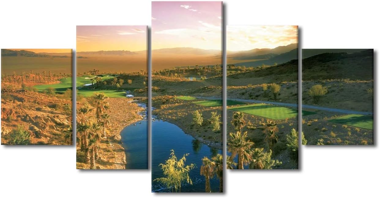 Nature Landscape Canvas Wall Art Cascata Golf Course Scenery Artwork Wall Art Canvas Print USA Themed Home Decor Pictures 5 Panel for Living Room Bedroom Painting Poster Framed Ready to Hang-60"Wx32"H
