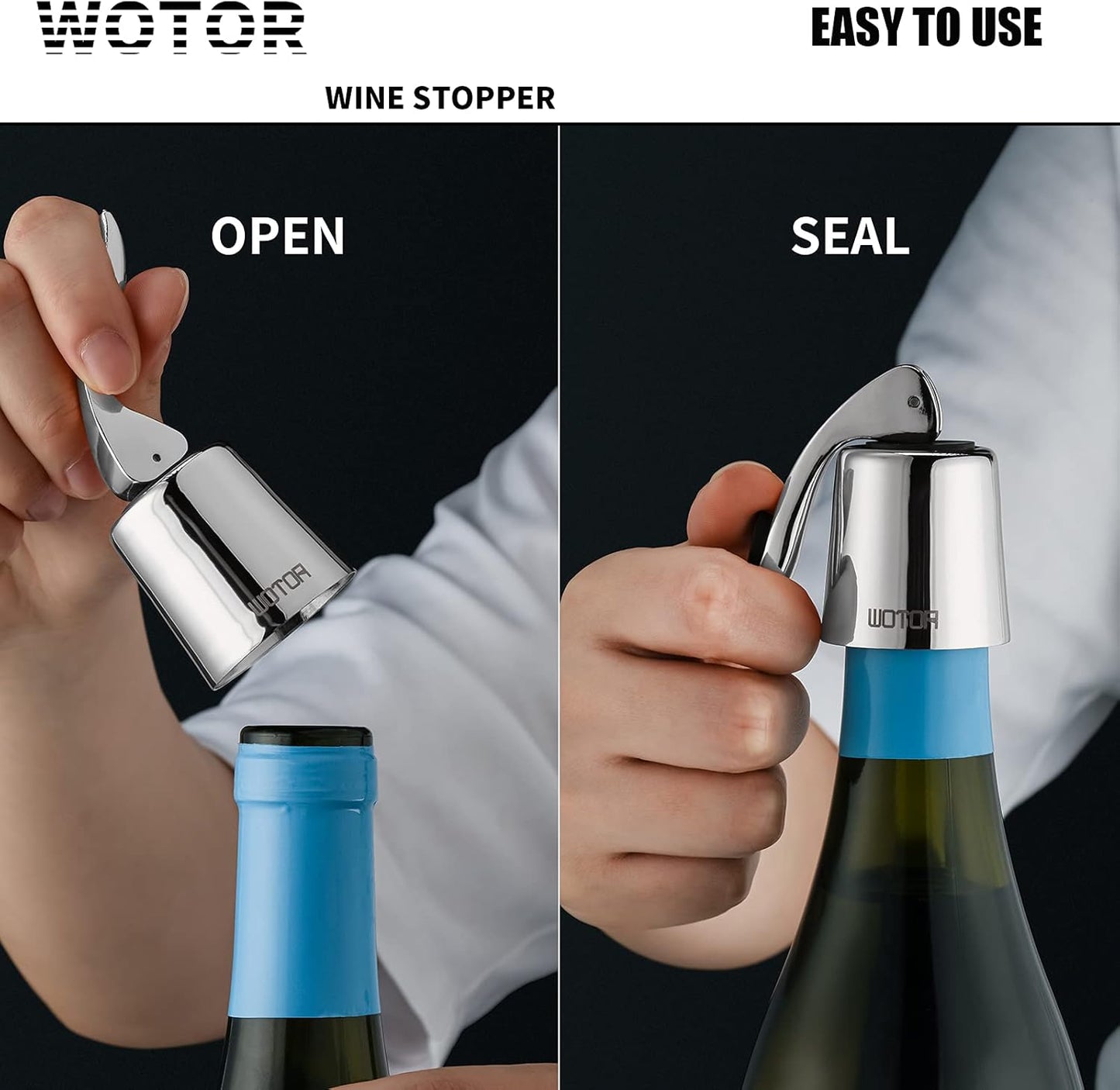 WOTOR Stainless Steel Wine Bottle Stoppers with Silicone - Reusable Wine Saver and Decorative Bottle Sealer, Leakproof, Keep Fresh, Silver, 2 Pack